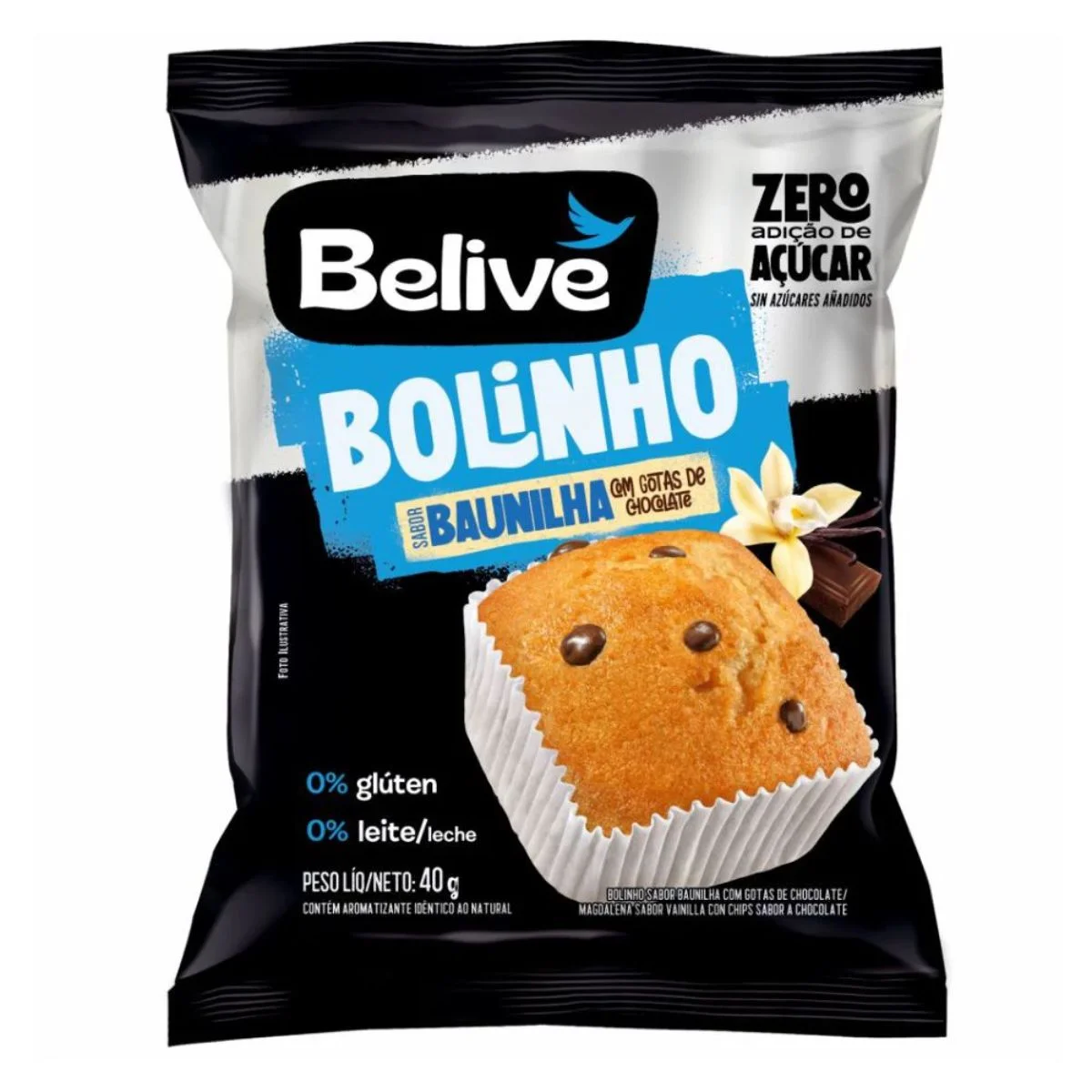 Bolinho Sem Açúcar Sabor Baunilha com Gotas de Chocolate Belive 40g