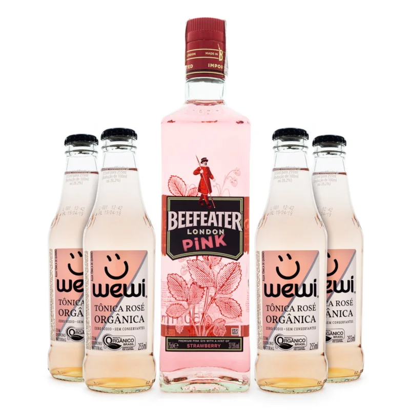 Combo Gin-Tônica Rosé - 1 Gin Beefeater Pink 700ml + 4 Tônicas Wewi Rosé 255ml