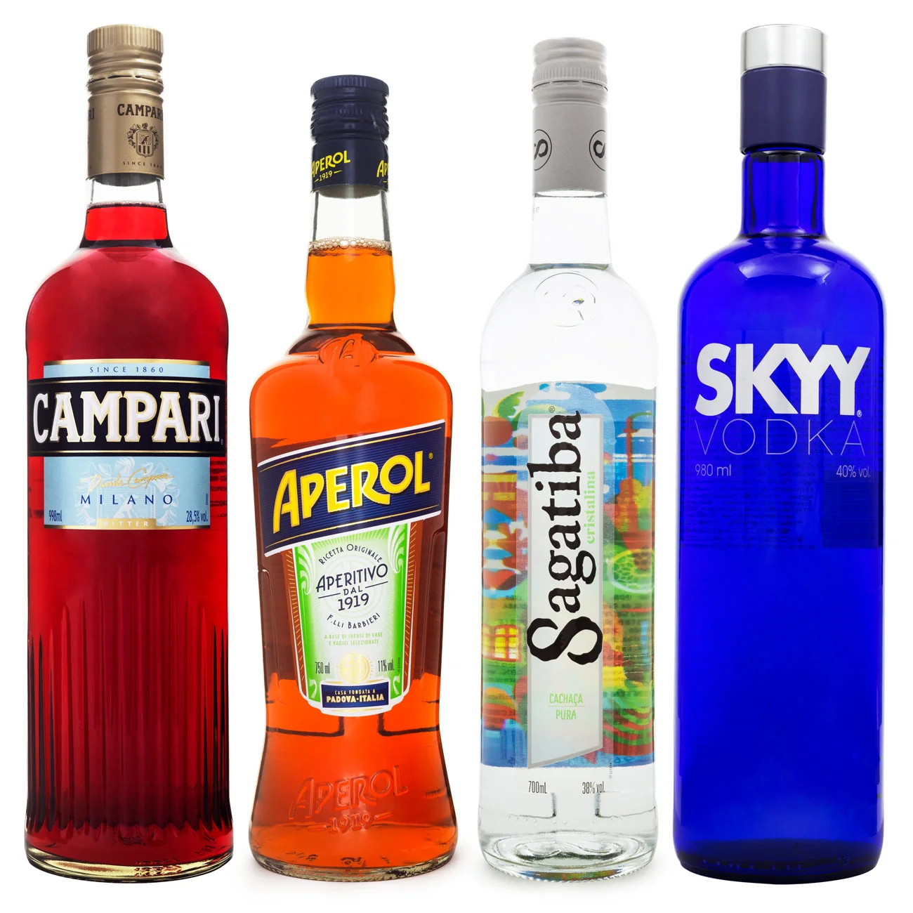 Combo - 1un Campari 998ml+ 1un Aperol 750ml+ 1un Cachaça Sagatiba 700ml +1un Vodka Skyy 750ml