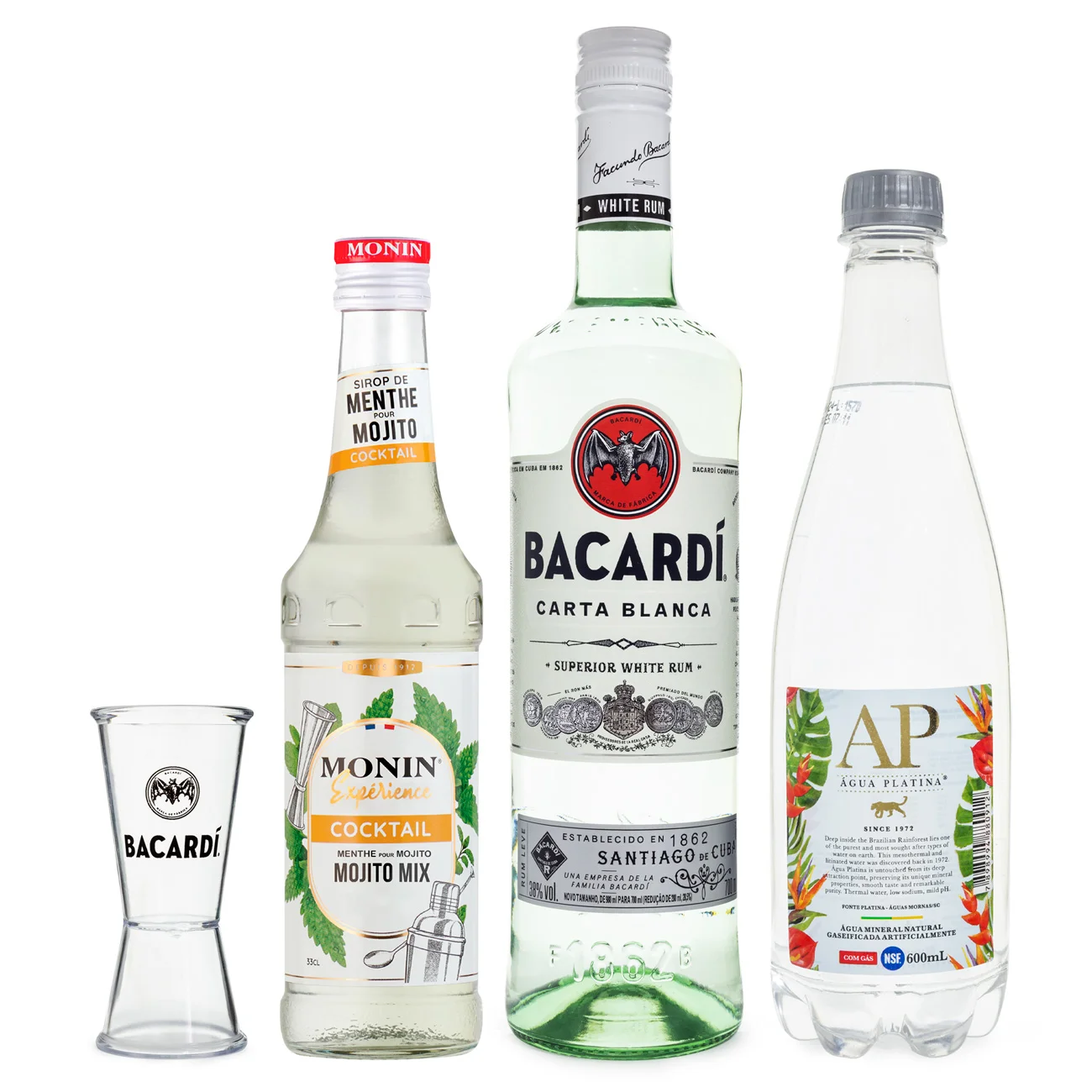 Combo: 1 Monin Mojito 25ml+ 1 Rum Bacardi Carta Blanca 50ml+ 1 Suco de Limão Tahiti 20ml+ 1 Água com Gás 80ml