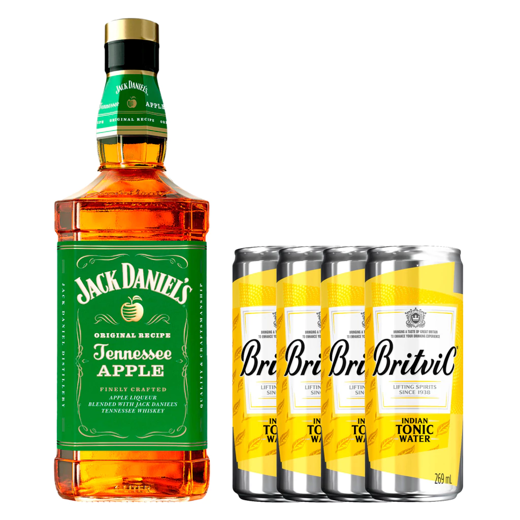 Combo Jack Daniel's Apple + Água Tônica Britvic-1 Whisky de Maçã Verde Jack Daniel's Apple 1l+4 Água Tônica Indian Britvic Citrus 269ml