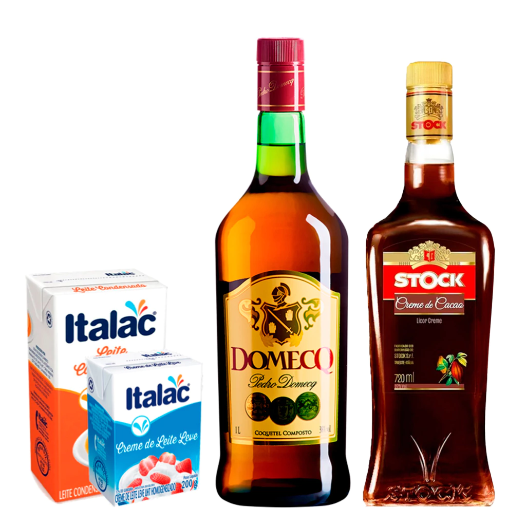 Combo Completo para Coquetel Alexander-1Conhaque Domecq 1l+1Licor Stock Cacao 720ml+1 Leite Condensado+1 Creme de Leite