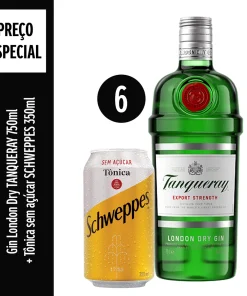 Kit Gin Tanqueray London Dry Garrafa 750ml + Água Tônica SCHWEPPES sem Açúcar Lata 350ml 6 unidades